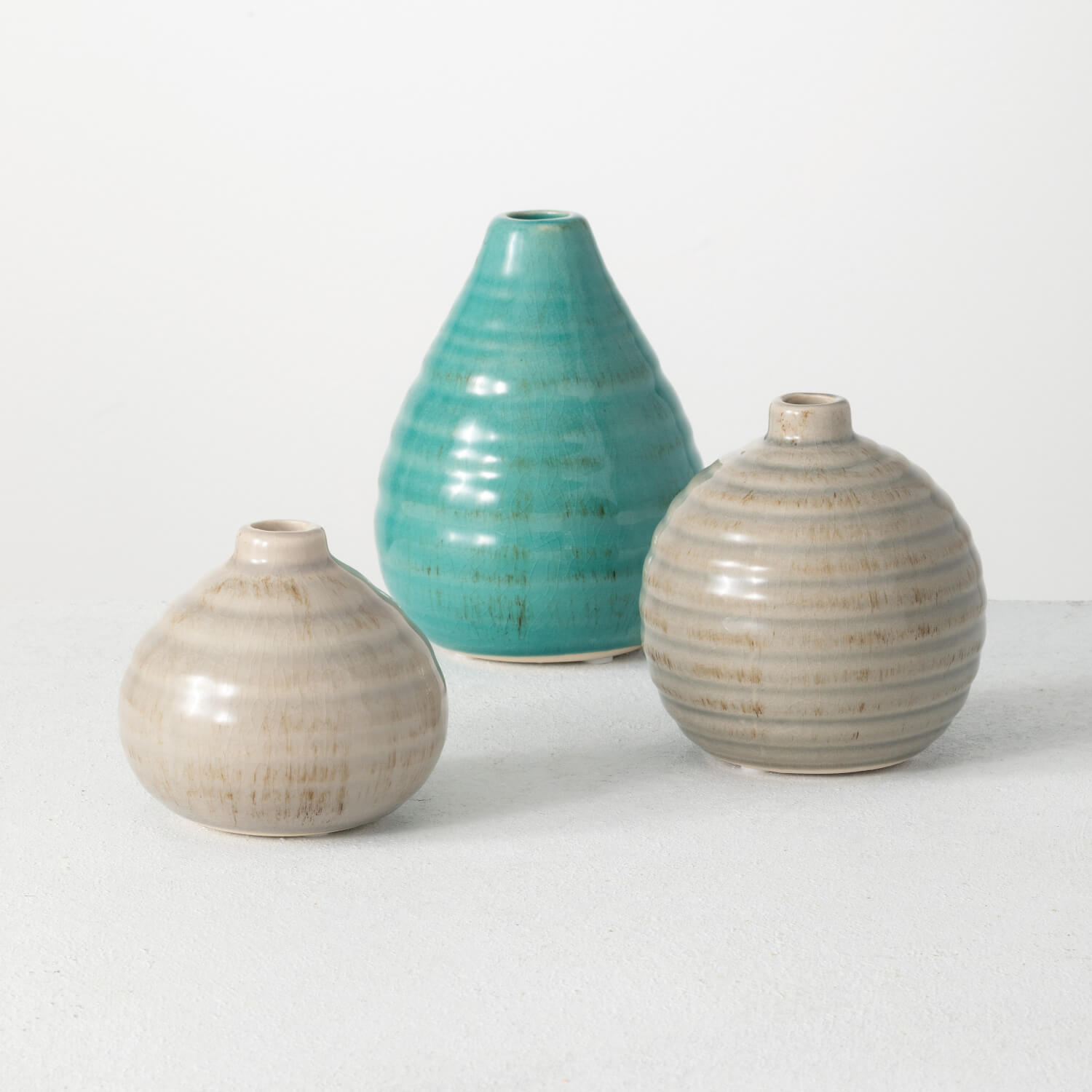 RIBBED GLAZED VASE SET OF 3