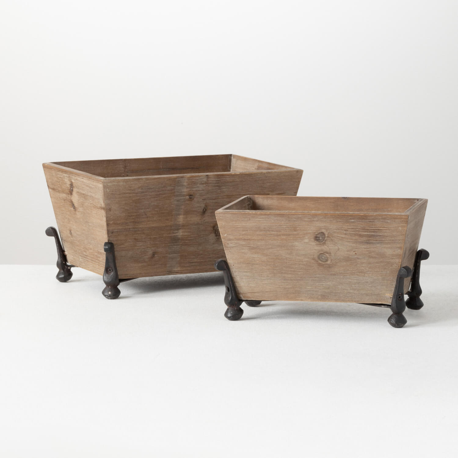 WOODEN FOOTED PLANTER SET OF 2