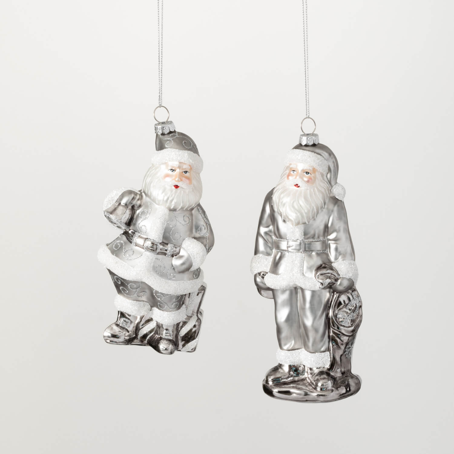 SILVER SANTA ORNAMENT SET 2